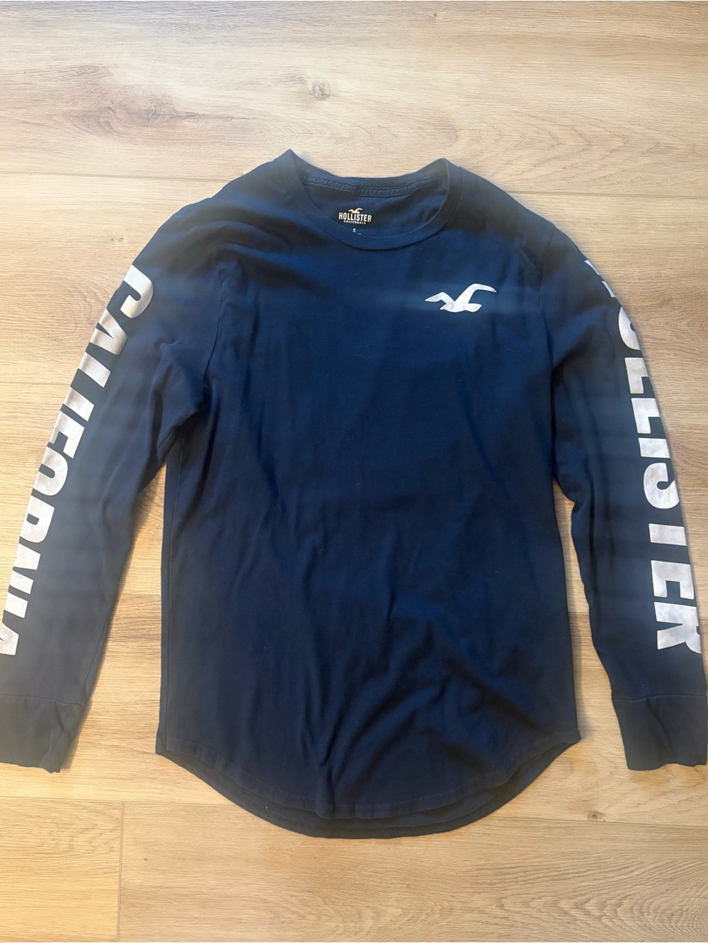 Hollister Navy Long-Sleeve Crew with White Logo and Sleeve Text
